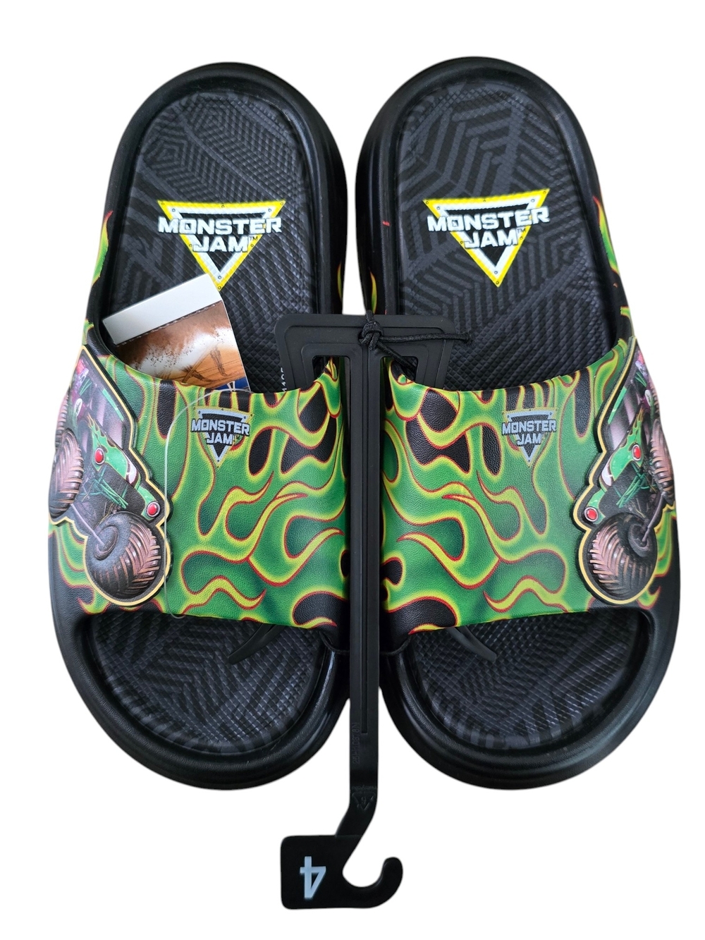 Monster Jam Grave Digger Slide Sandals Boys Size 4 Green Flames New Beach Pool